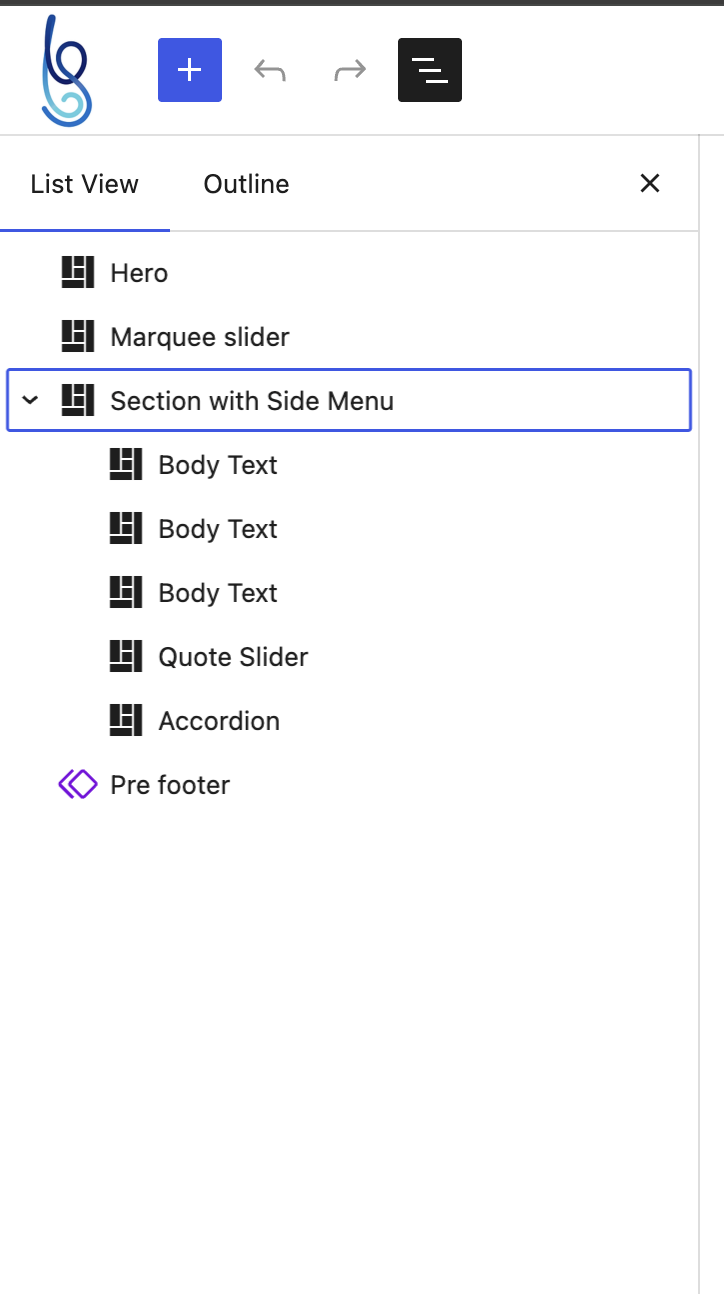 Section with Side Menu in the editor List View